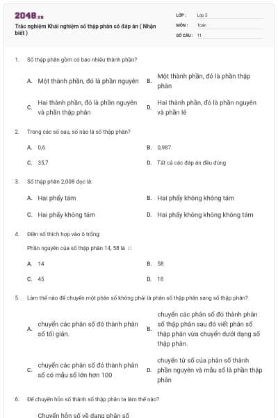 Trắc nghiệm Khái nghiệm số thập phân có đáp án ( Nhận biết )