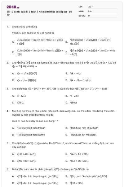 Bộ 10 đề thi cuối kì 2 Toán 7 Kết nối tri thức có đáp án - Đề 10