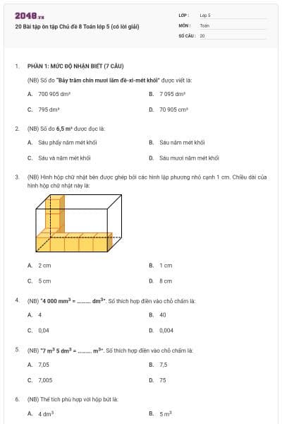 20 Bài tập ôn tập Chủ đề 8 Toán lớp 5 (có lời giải)