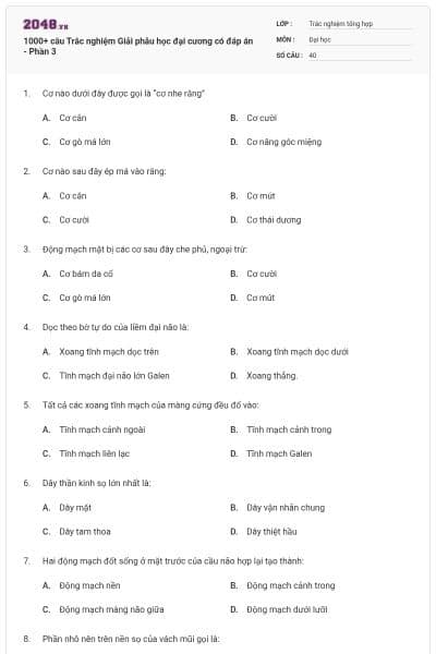 1000+ câu Trắc nghiệm Giải phẫu học đại cương có đáp án - Phần 3