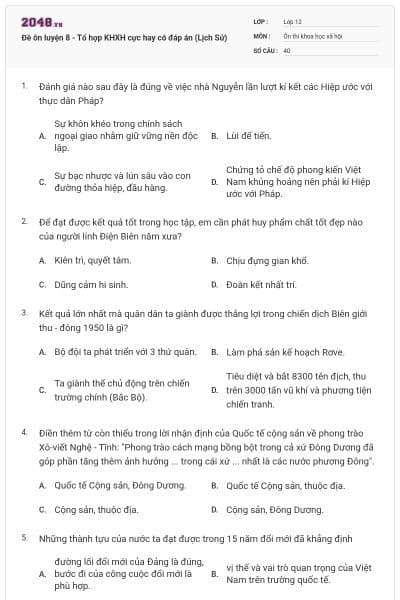 Đề ôn luyện 8 - Tổ hợp KHXH cực hay có đáp án (Lịch Sử)