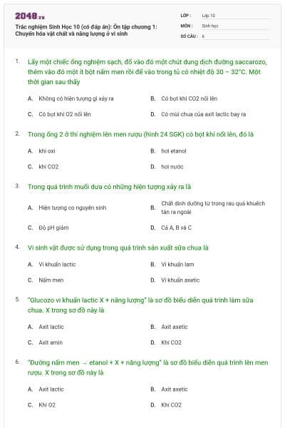 Trắc nghiệm Sinh Học 10 (có đáp án): Ôn tập chương 1: Chuyển hóa vật chất và năng lượng ở vi sinh