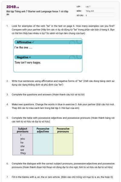 Bài tập Tiếng anh 7 Starter unit Language focus 1 có đáp án