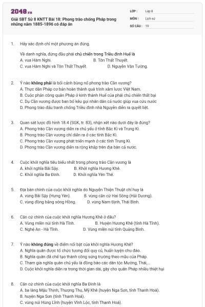 Giải SBT Sử 8 KNTT Bài 18: Phong trào chống Pháp trong những năm 1885-1896 có đáp án