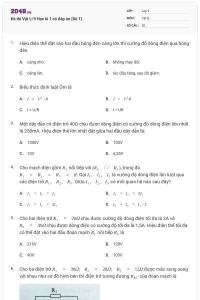 Đề thi Vật Lí 9 Học kì 1 có đáp án (Đề 1)