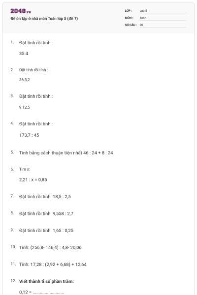 Đề ôn tập ở nhà môn Toán lớp 5 (đề 7)