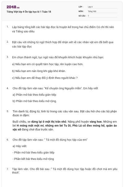 Tiếng Việt lớp 4 Ôn tập học kì 1 Tuần 18