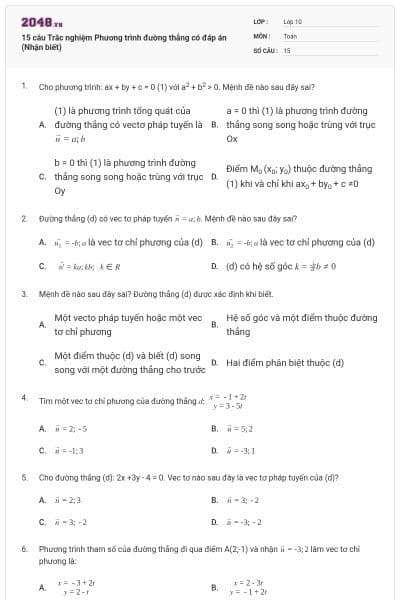 15 câu Trắc nghiệm Phương trình đường thẳng có đáp án (Nhận biết)