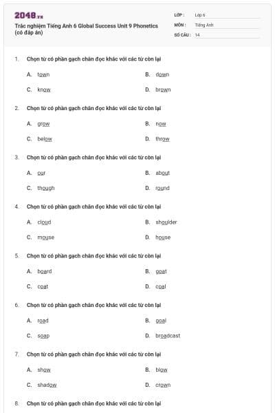 Trắc nghiệm Tiếng Anh 6 Global Success Unit 9 Phonetics (có đáp án)