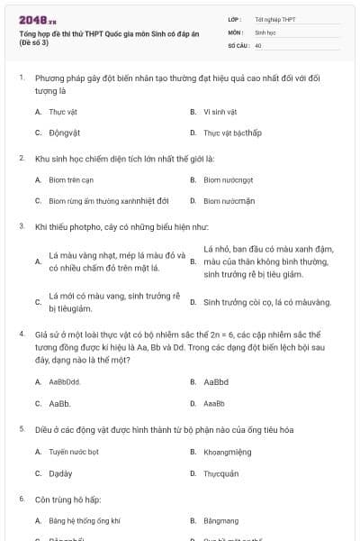 Tổng hợp đề thi thử THPT Quốc gia môn Sinh có đáp án (Đề số 3)