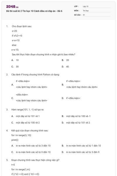 Đề thi cuối kì 2 Tin học 10 Cánh diều có đáp án - Đề 6