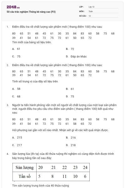 50 câu trắc nghiệm Thống kê nâng cao (P3)
