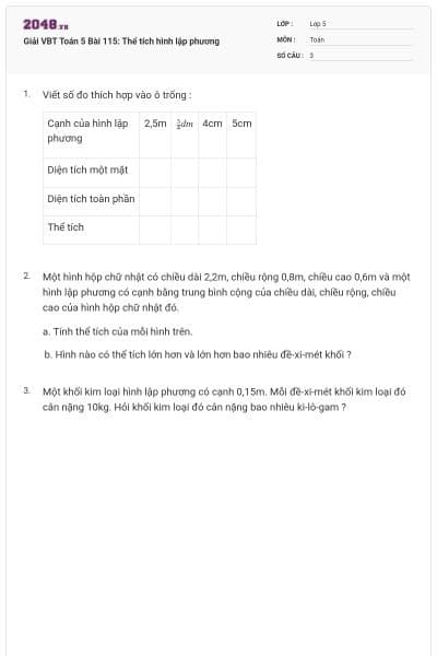 Giải VBT Toán 5 Bài 115: Thể tích hình lập phương