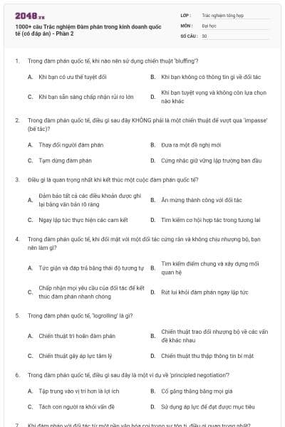 1000+ câu Trắc nghiệm Đàm phán trong kinh doanh quốc tế (có đáp án) - Phần 2