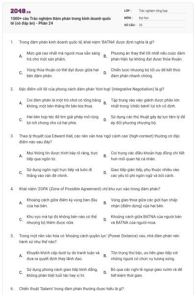 1000+ câu Trắc nghiệm Đàm phán trong kinh doanh quốc tế (có đáp án) - Phần 24