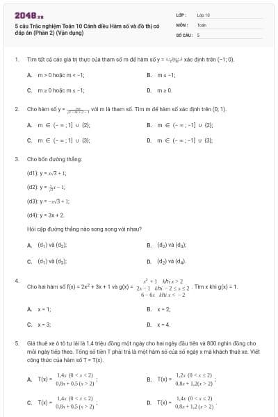 5 câu  Trắc nghiệm Toán 10 Cánh diều Hàm số và đồ thị có đáp án (Phần 2) (Vận dụng)