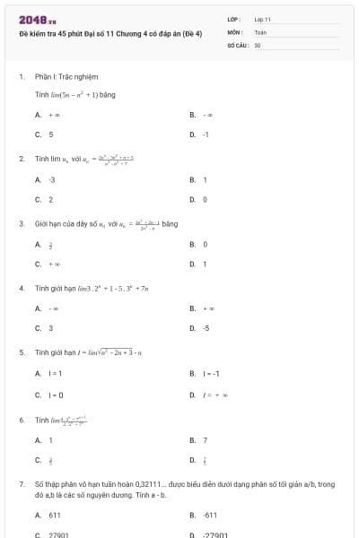Đề kiểm tra 45 phút Đại số 11 Chương 4 có đáp án (Đề 4)