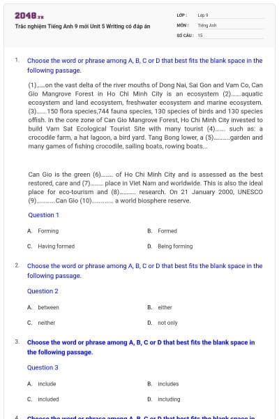 Trắc nghiệm Tiếng Anh 9 mới Unit 5 Writing có đáp án