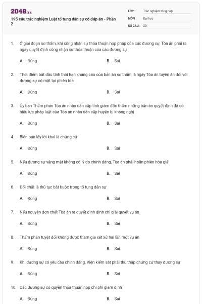 195 câu trắc nghiệm Luật tố tụng dân sự có đáp án - Phần 2