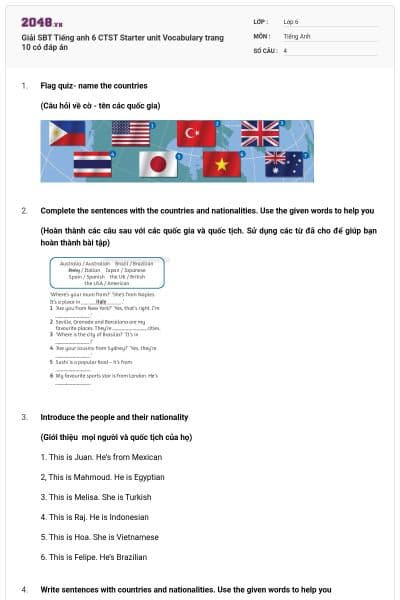 Giải SBT Tiếng anh 6 CTST Starter unit Vocabulary trang 10 có đáp án