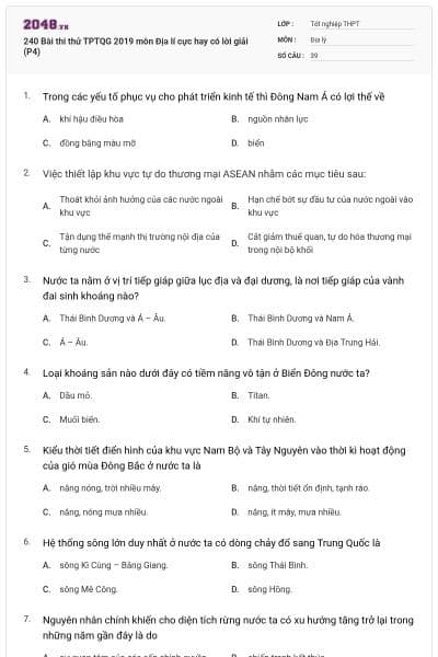 240 Bài thi thử TPTQG 2019 môn Địa lí cực hay có lời giải (P4)