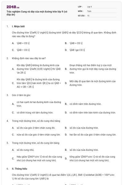 Trắc nghiệm Cung và dây của một đường tròn lớp 9 (có đáp án)