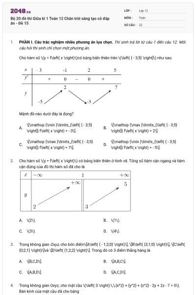 Bộ 20 đề thi Giữa kì 1 Toán 12 Chân trời sáng tạo có đáp án - Đề 15