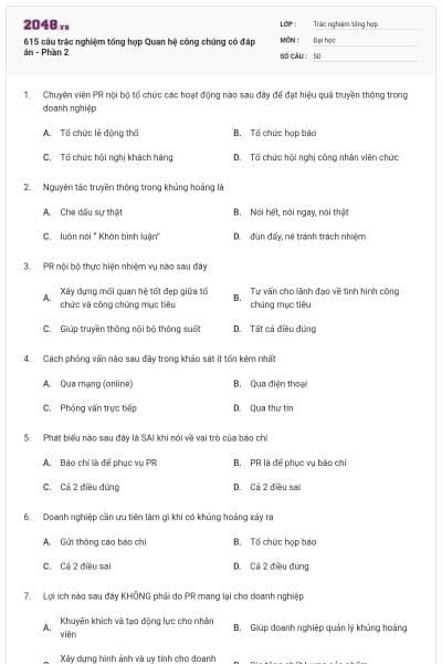 615 câu trắc nghiệm tổng hợp Quan hệ công chúng có đáp án - Phần 2