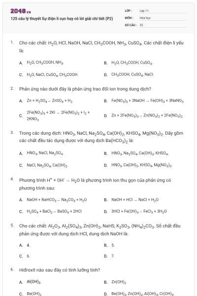 125 câu lý thuyết Sự điện li cực hay có lời giải chi tiết (P2)