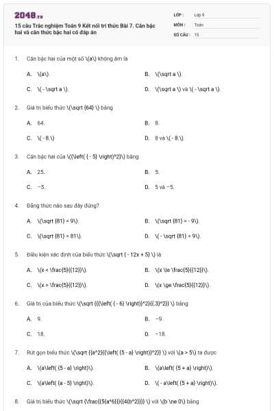 15 câu Trắc nghiệm Toán 9 Kết nối tri thức Bài 7. Căn bậc hai và căn thức bậc hai có đáp án