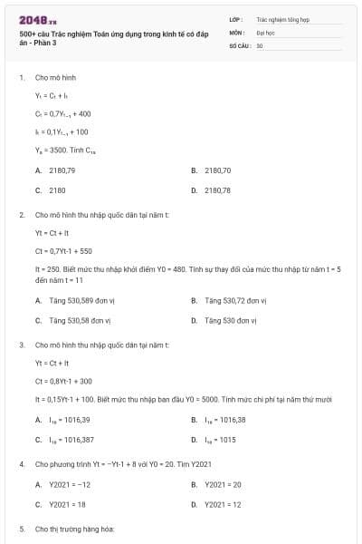 500+ câu Trắc nghiệm Toán ứng dụng trong kinh tế có đáp án - Phần 3
