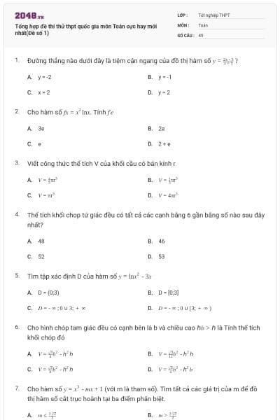 Tổng hợp đề thi thử thpt quốc gia môn Toán cực hay mới nhất(Đề số 1)