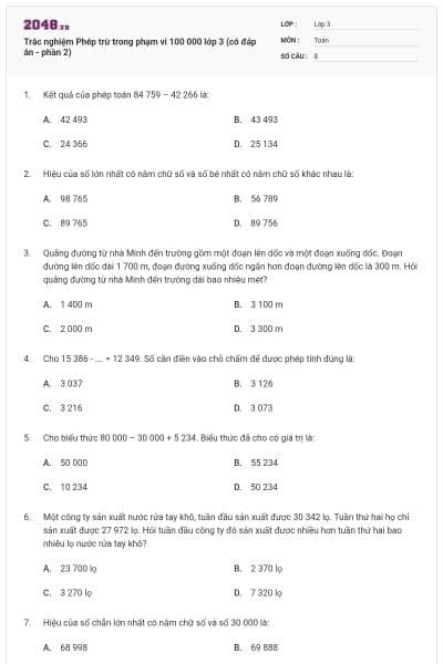 Trắc nghiệm Phép trừ trong phạm vi 100 000 lớp 3 (có đáp án - phần 2)