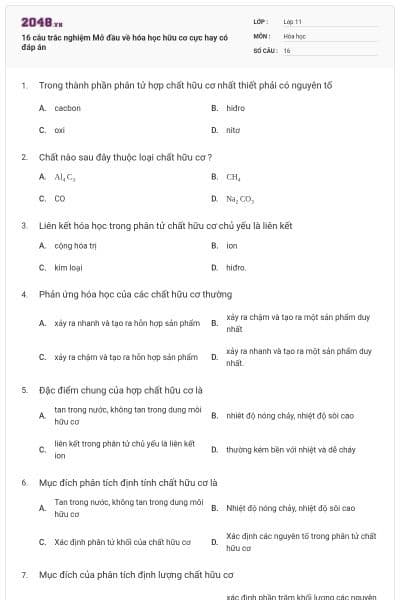16 câu trắc nghiệm Mở đầu về hóa học hữu cơ cực hay có đáp án