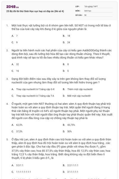 25 Bộ đề thi thử Sinh Học cực hay có đáp án (Đề số 4)