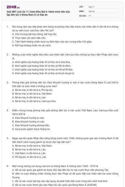 Giải SBT Lịch Sử 11 Cánh Diều Bài 6: Hành trình đến độc lập dân tộc ở Đông Nam Á có đáp án
