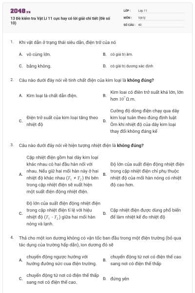 13 Đề kiểm tra Vật Lí 11 cực hay có lời giải chi tiết (Đề số 10)