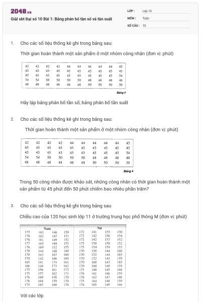 Giải sbt Đại số 10 Bài 1: Bảng phân bố tần số và tần suất