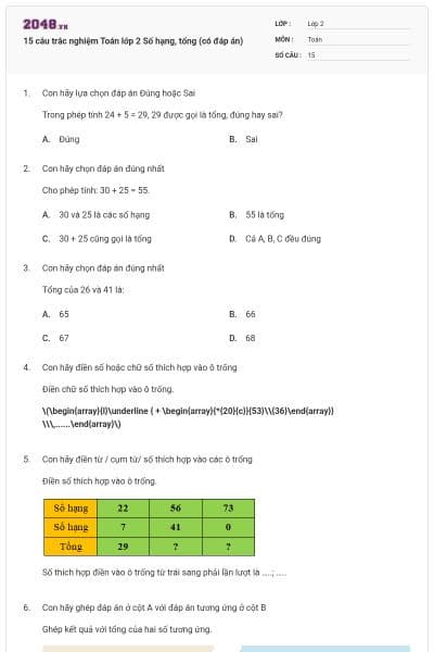 15 câu trắc nghiệm Toán lớp 2 Số hạng, tổng (có đáp án)