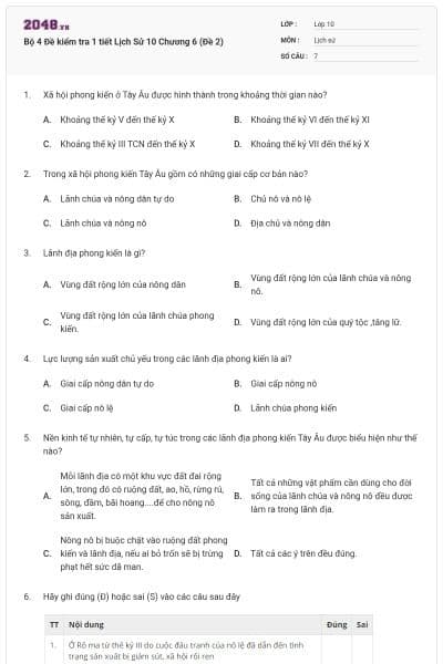 Bộ 4  Đề kiểm tra 1 tiết Lịch Sử 10 Chương 6 (Đề 2)