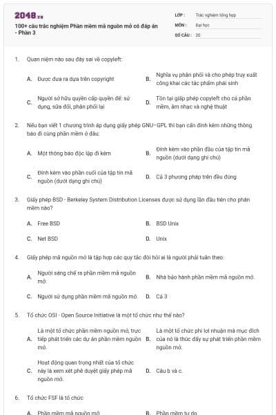 100+ câu trắc nghiệm Phần mềm mã nguồn mở có đáp án - Phần 3