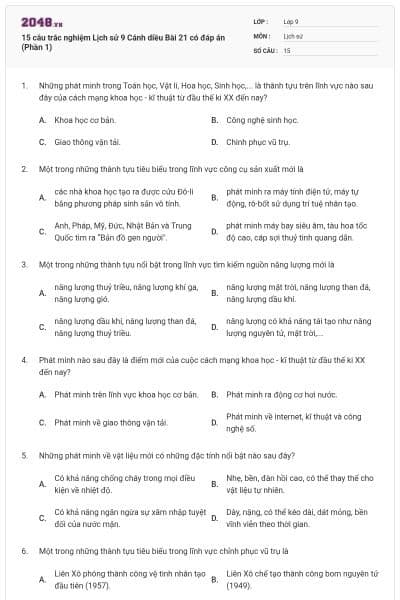 15 câu trắc nghiệm Lịch sử 9 Cánh diều  Bài 21 có đáp án (Phần 1)