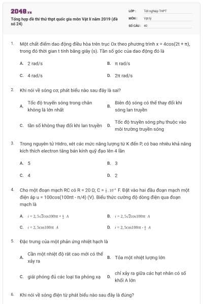 Tổng hợp đề thi thử thpt quốc gia môn Vật lí năm 2019 (đề số 24)