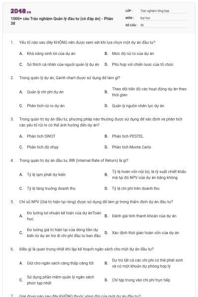 1000+ câu Trắc nghiệm Quản lý đầu tư (có đáp án) - Phần 38