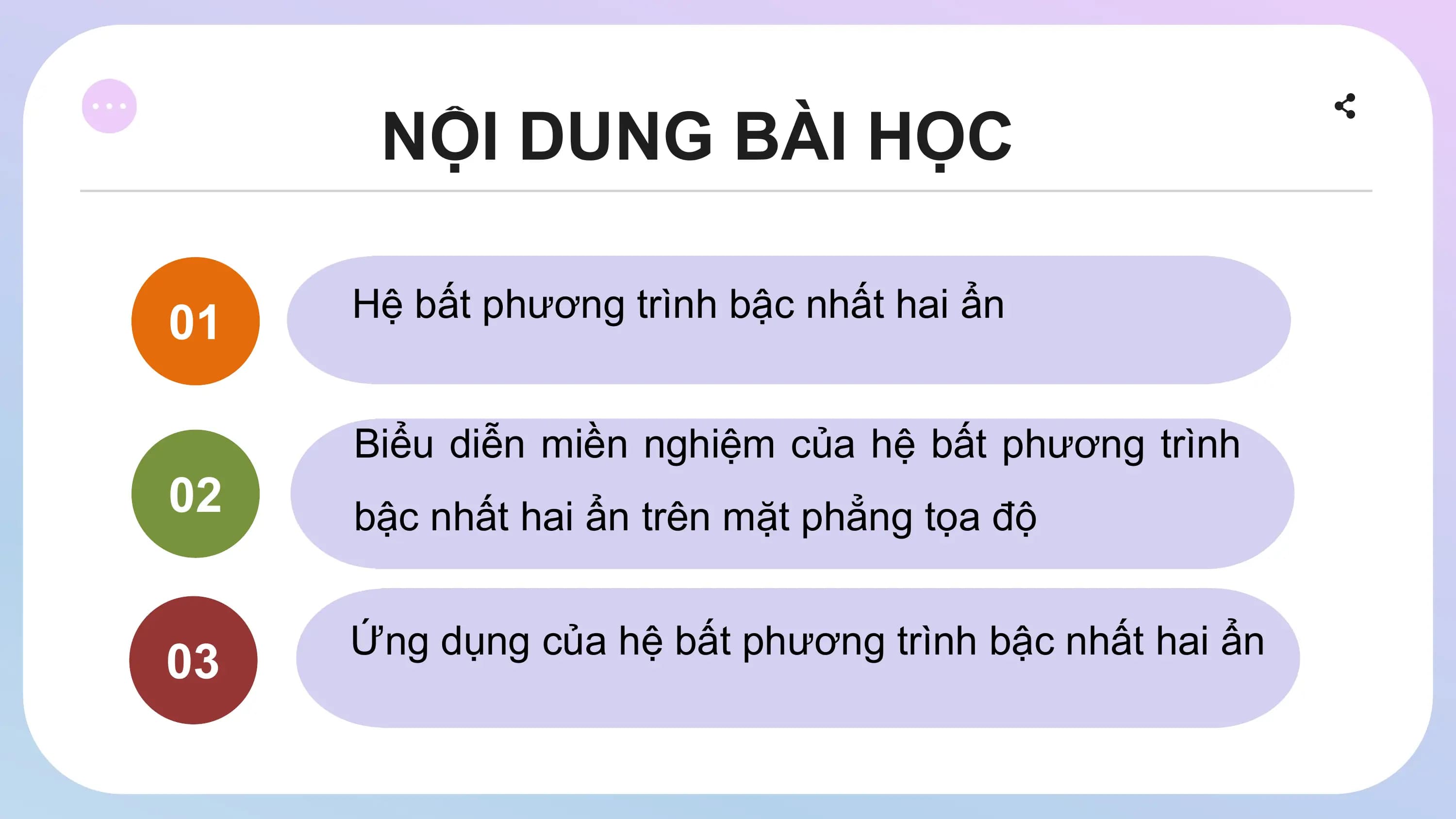 NỘI DUNG BÀI HỌC
Hệ bất phương trình bậc nhất hai ẩn
01
Biểu diễn miền nghiệm của hệ bất phương trình
02 bậc nhất hai ẩn trên mặt phẳng tọa độ
Ứng dụng của hệ bất phương trình bậc nhất hai ẩn
03