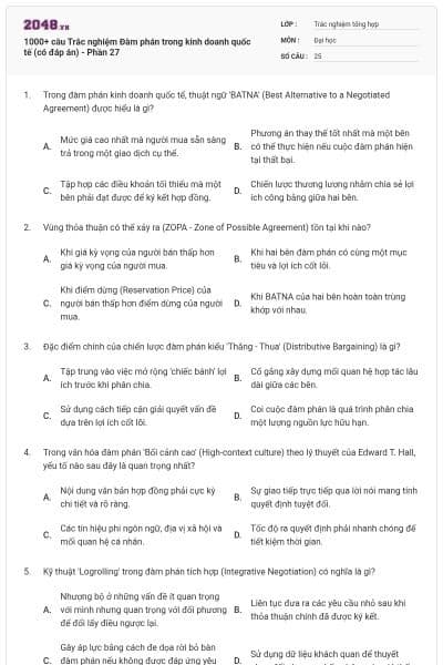1000+ câu Trắc nghiệm Đàm phán trong kinh doanh quốc tế (có đáp án) - Phần 27