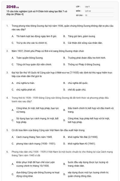 15 câu trắc nghiệm Lịch sử 9 Chân trời sáng tạo Bài 7 có đáp án (Phần 4)
