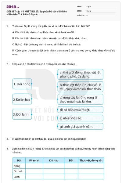 Giải SBT Địa lí 6 KNTT Bài 25: Sự phân bố các đới thiên nhiên trên Trái Đất có đáp án