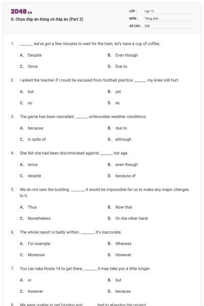 II. Chọn đáp án đúng có đáp án (Part 2)