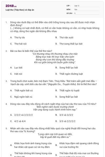 Luật thơ (Tiếp theo) có đáp án